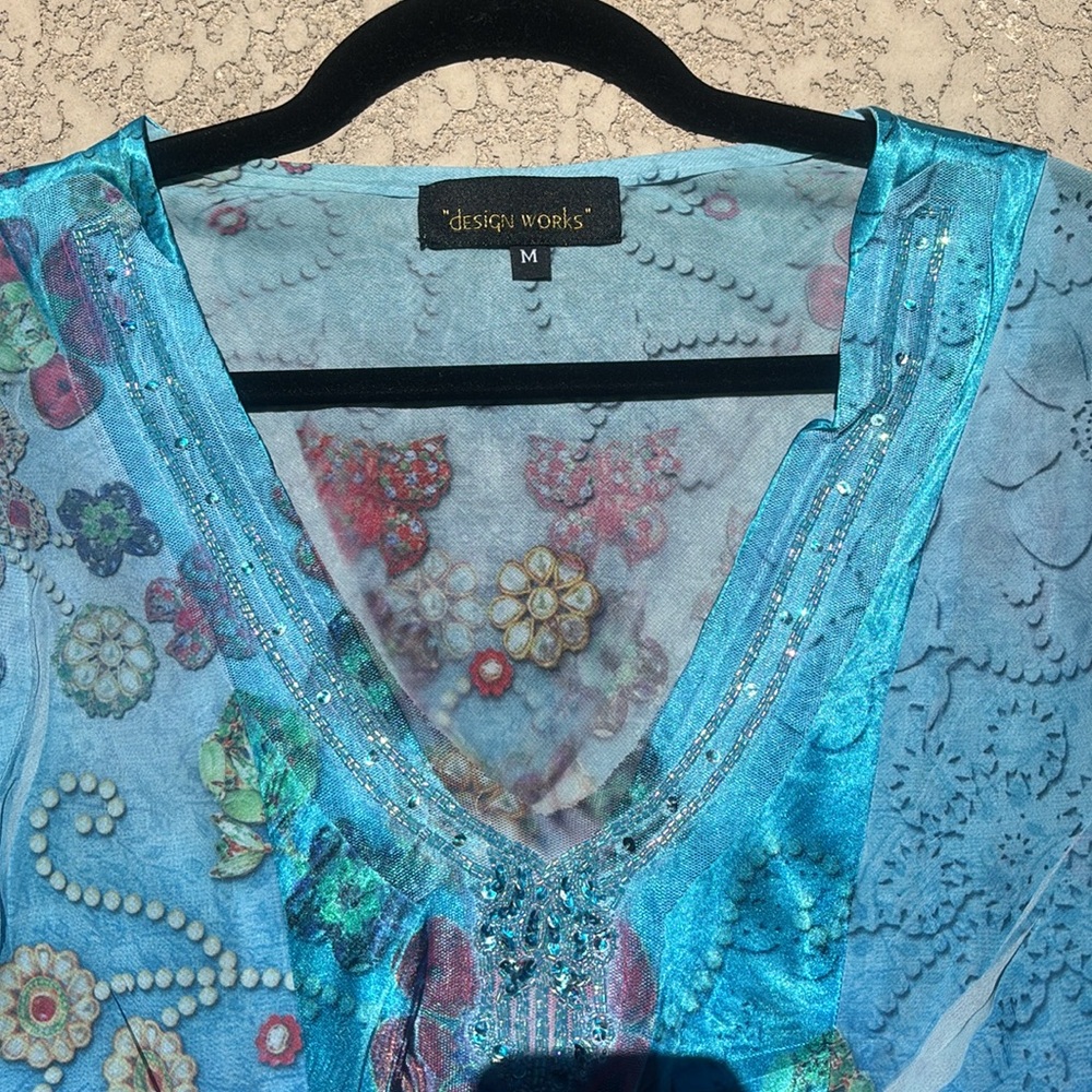 Design Works Top Beaded Sequins Fairy V-neck Blue Sheer Silky Size Medium - Picture 2 of 11